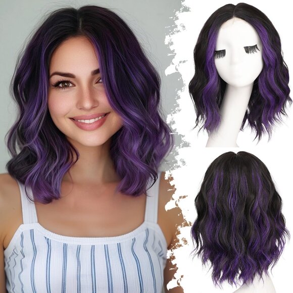 Eawwii Black Mix Purple Short Wavy Wig for Women Lace Hairline - Picture 1 of 2
